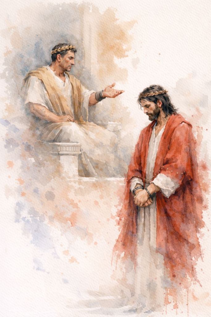Jesús ante Pilato: Pilato, sentado en su tribunal, presenta a Jesús al pueblo. Jesús aparece de pie, con las manos atadas, la cabeza inclinada y un manto rojo sobre túnica blanca, en una escena de gran silencio.