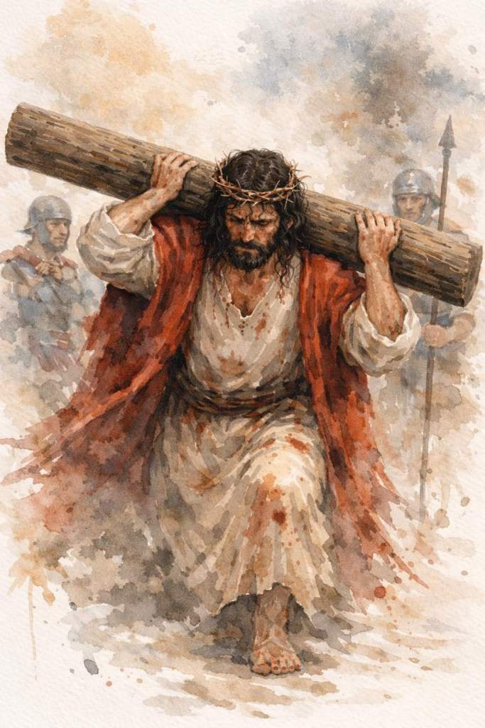 Jesús carga con el patíbulo: Jesús comienza el camino del Calvario cargando sobre los hombros un madero redondo y pesado. Su cuerpo se inclina por el esfuerzo mientras avanza entre una atmósfera austera y luminosa.
