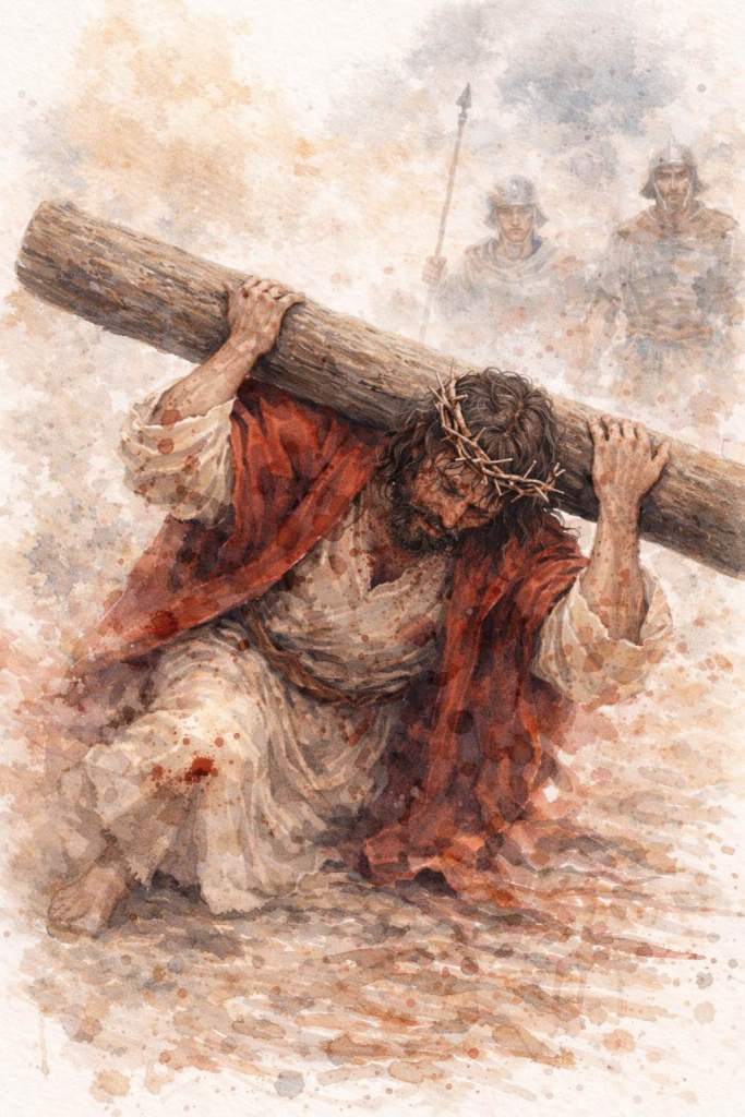 Primera caída de Jesús: Jesús tropieza bajo el peso del patíbulo y cae hacia el suelo, aún aferrado al madero. La escena muestra agotamiento físico y tensión contenida.