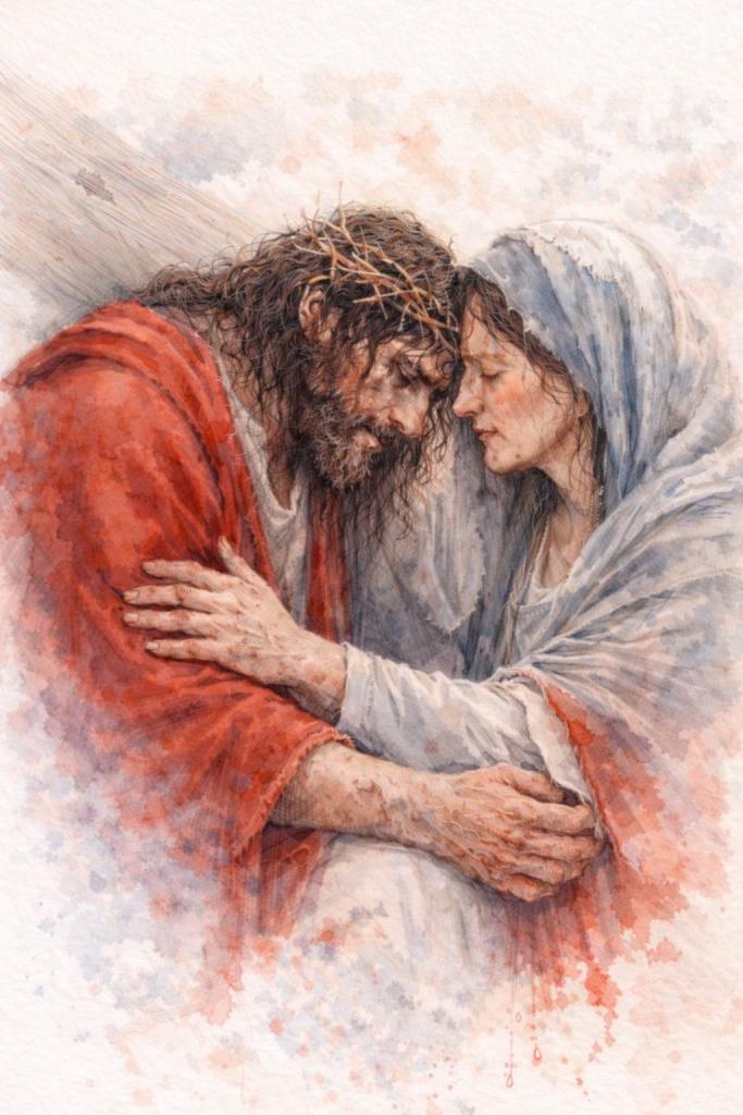 Jesús encuentra a su madre: María se acerca a Jesús mientras él sigue caminando encorvado bajo el peso del patíbulo. Ambos se miran con dolor y ternura en un encuentro breve y conmovedor.