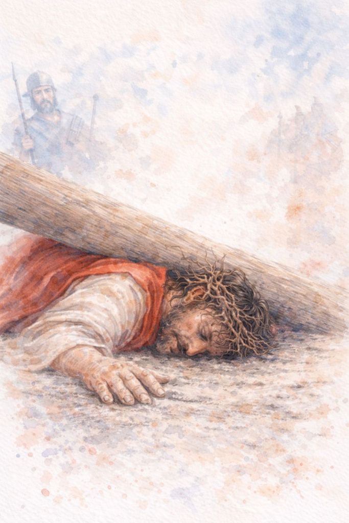 Tercera caída de Jesús: Jesús aparece totalmente derrumbado en el suelo bajo el patíbulo, con el rostro casi pegado a la tierra. La composición subraya el agotamiento extremo.
