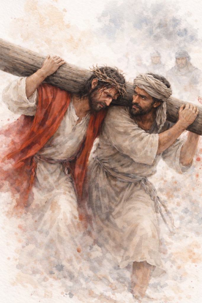 El Cirineo ayuda a Jesús: Simón de Cirene comparte con Jesús el peso del patíbulo. Ambos avanzan juntos, inclinados por el esfuerzo, en una escena de ayuda concreta y silenciosa.