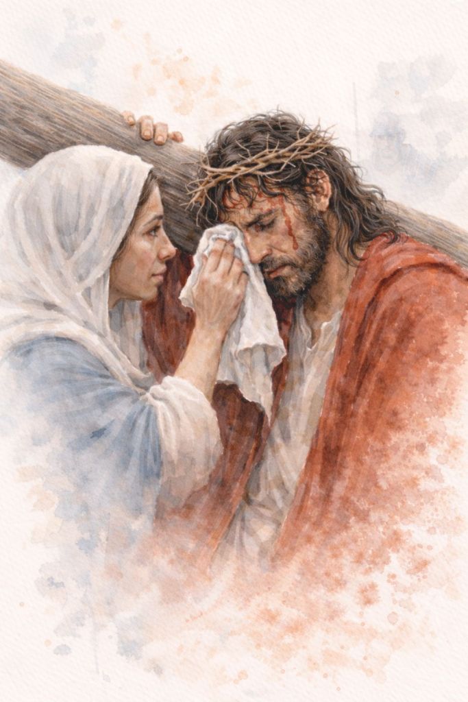 La Verónica enjuga el rostro de Jesús: Verónica limpia con un paño el rostro de Jesús mientras él continúa bajo el patíbulo. El gesto se concentra en la cercanía de los rostros y la compasión del momento.