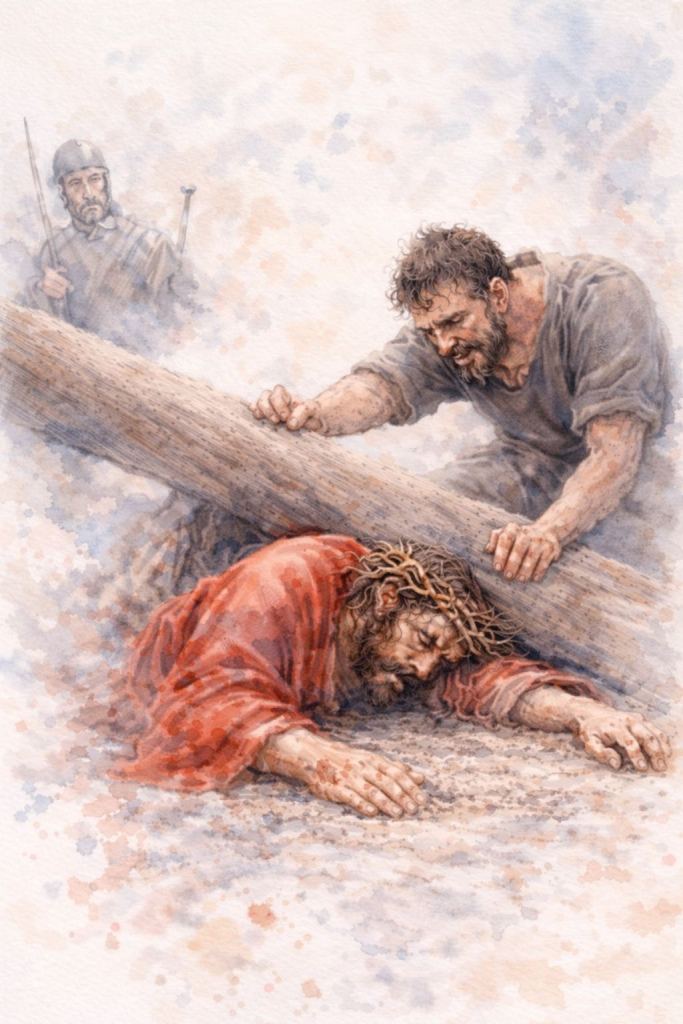 Segunda caída de Jesús: Jesús yace en tierra aplastado por el madero, exhausto, mientras un soldado lo presiona desde arriba. La imagen transmite violencia, peso y agotamiento extremo.