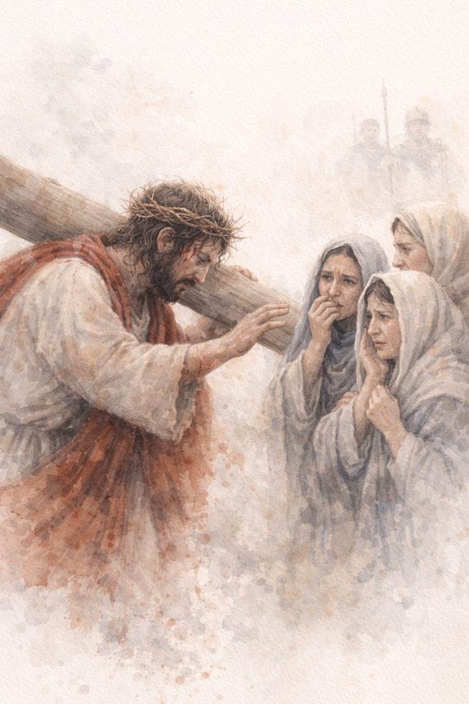 Jesús consuela a las mujeres de Jerusalén: Jesús, debilitado por el camino, se vuelve hacia un grupo de mujeres y les dirige una palabra de consuelo. La escena une sufrimiento y compasión.
