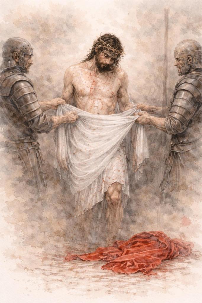 Jesús es despojado de sus vestiduras: Dos soldados tiran de la túnica de Jesús mientras él permanece en pie, herido y silencioso. En el suelo aparece el manto rojo ya separado de su cuerpo.