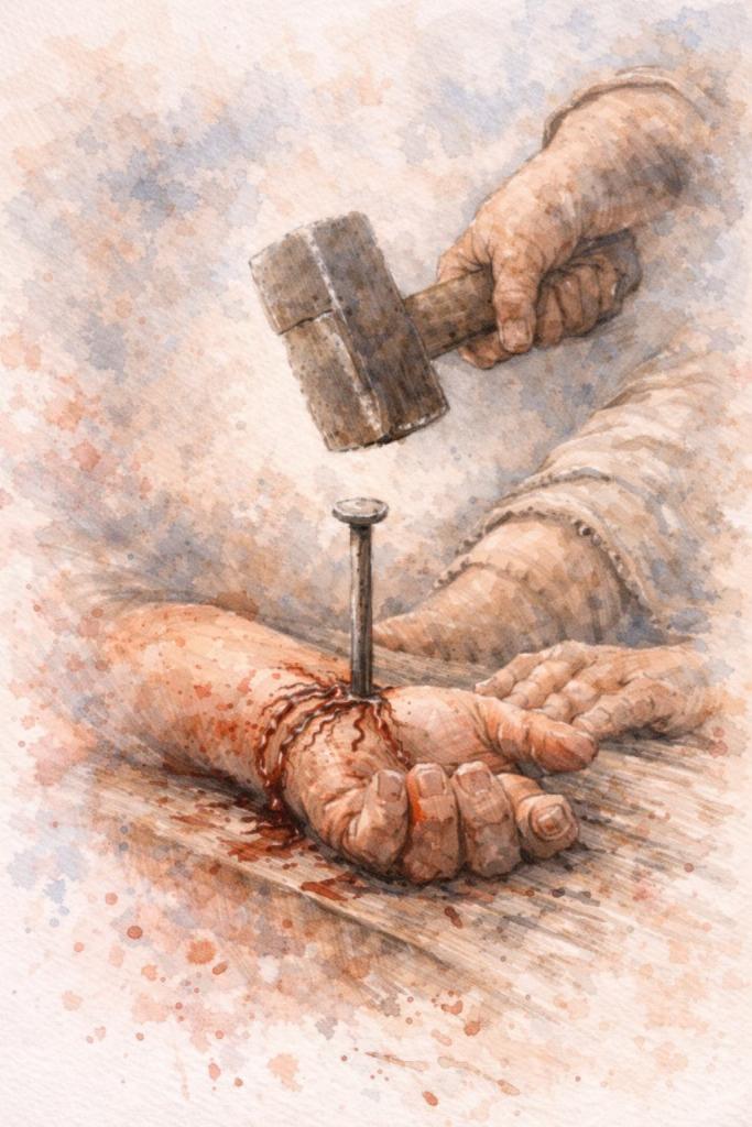 Jesús es clavado en el madero: Primer plano de la muñeca de Jesús sobre el patíbulo, con un clavo y un martillo suspendidos en el instante de la crucifixión. La escena se presenta con sobriedad y tensión reverente.