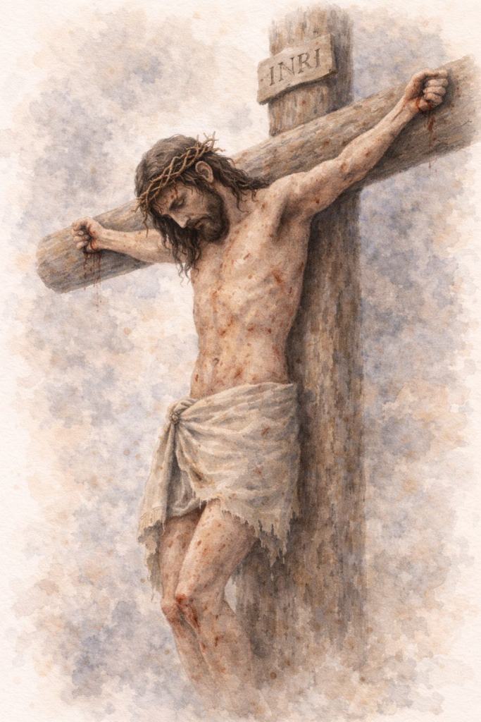 Jesús muere en la cruz: Jesús cuelga muerto en la cruz, con la cabeza vencida y el cuerpo agotado. La imagen se centra en el silencio del sacrificio y la soledad del momento.