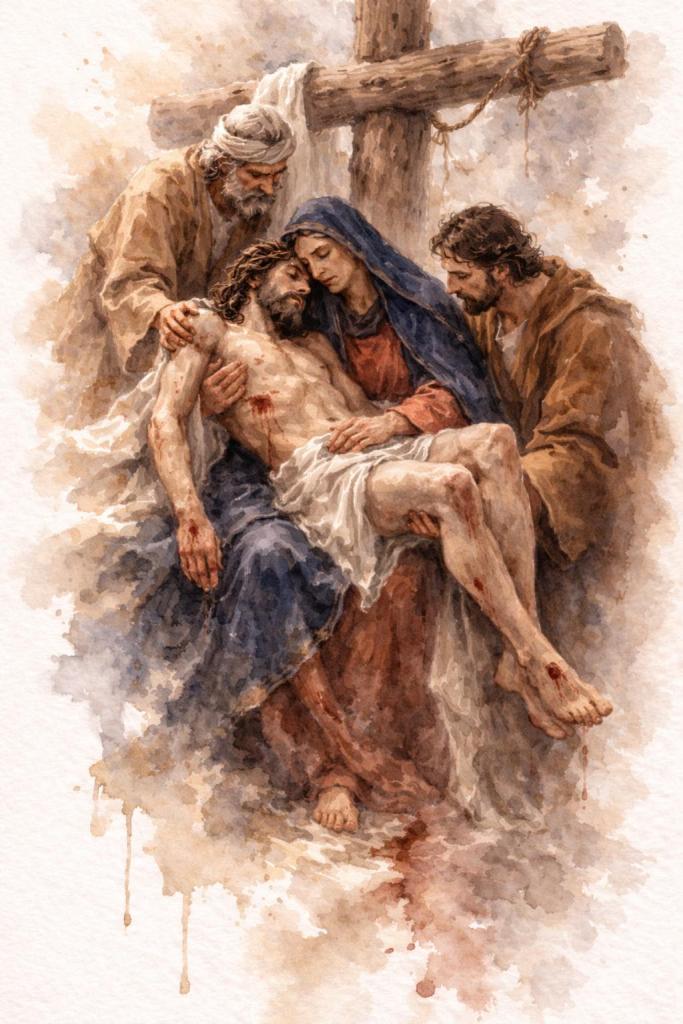 Jesús es bajado de la cruz: María y San Juan reciben el cuerpo muerto de Jesús al pie de la cruz, mientras otra figura ayuda con delicadeza. El cuerpo descansa pesadamente sobre ellos en una escena de duelo y ternura.
