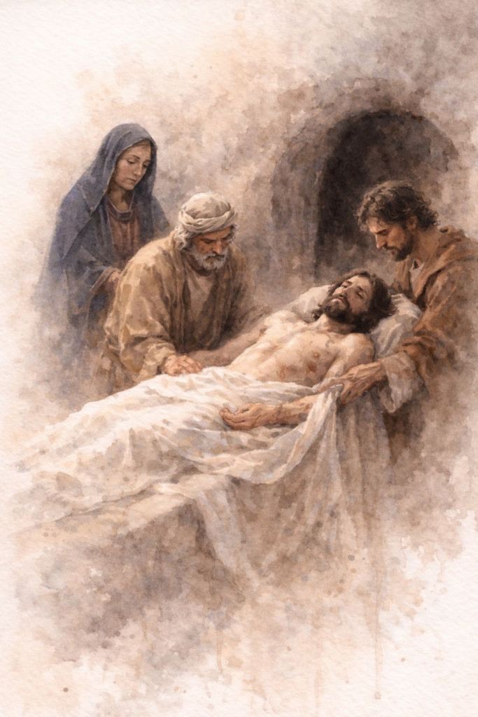 Jesús es colocado en el sepulcro: El cuerpo de Jesús, parcialmente cubierto por la mortaja, es depositado en el sepulcro por sus discípulos, mientras María acompaña en silencio. La escena transmite clausura, recogimiento y despedida.